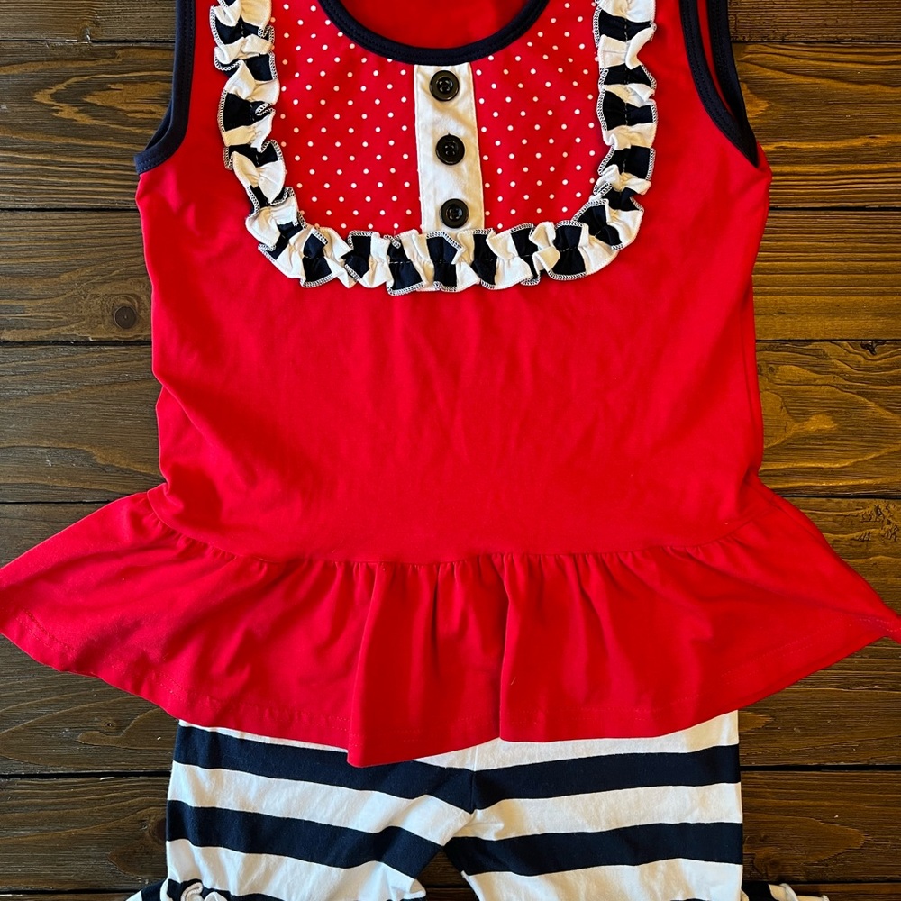 Little Lu Shorts Set Red and Navy with Ruffle Top & Striped Ruffle Shorts.